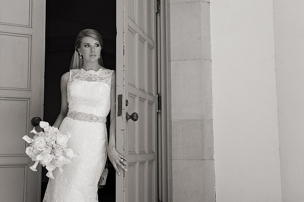 providence-united-methodist-church-doorway-bride.jpg Black and white portrait of bride at Providence United Methodist Church Charlotte NC